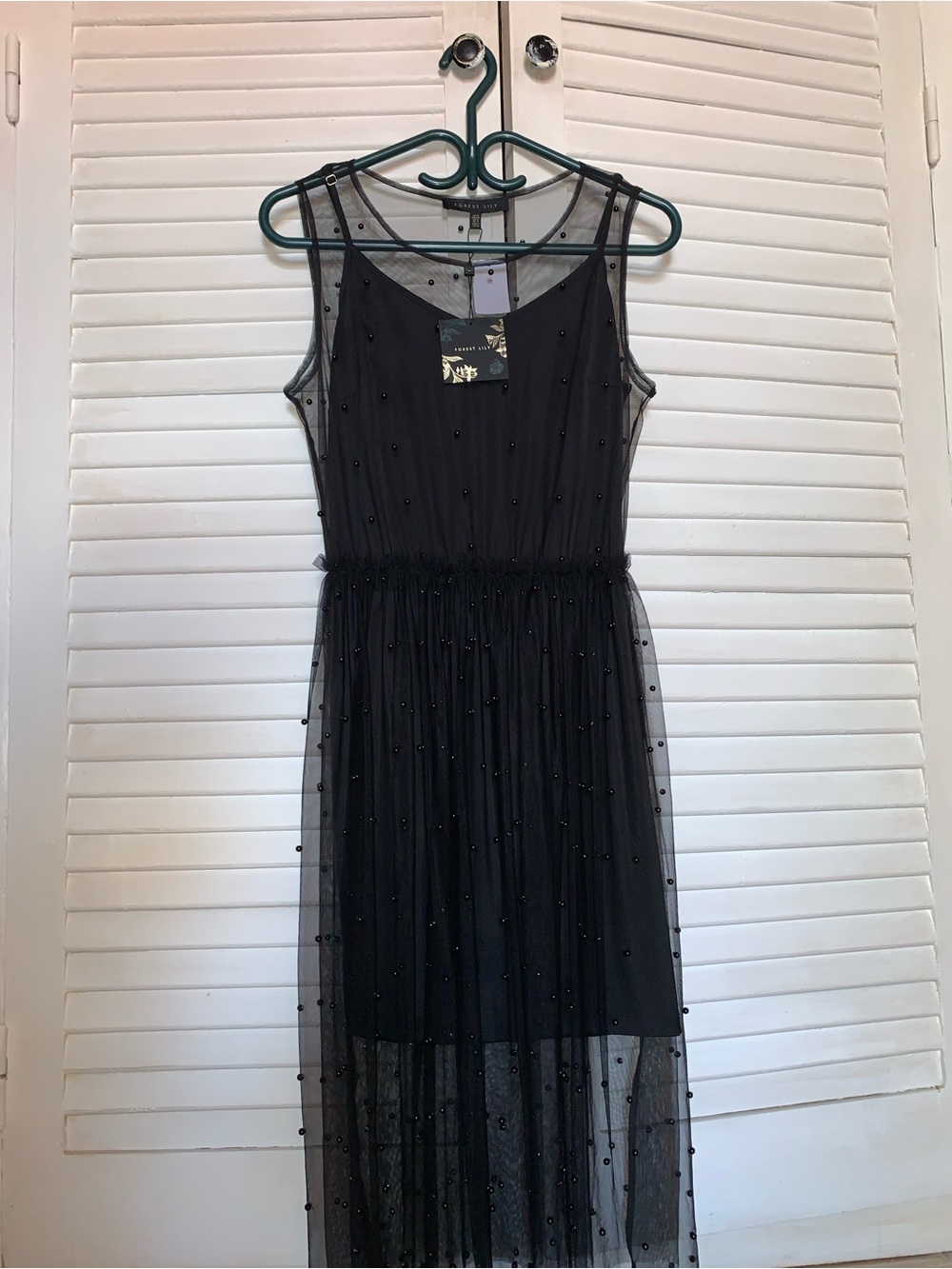 Forest Lily Black Sleeveless Beaded Mesh Midi Dress